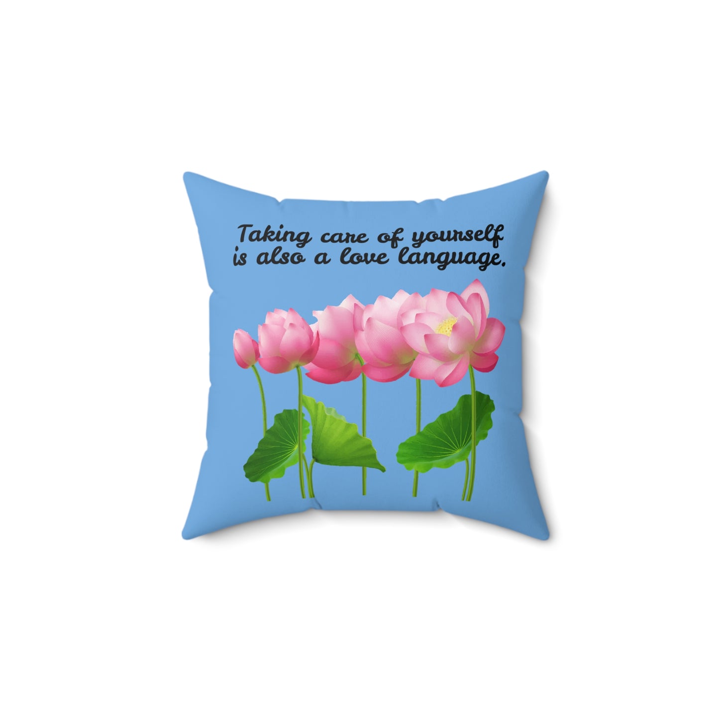 Cuidarse a uno mismo también es un lenguaje de amor, almohada con diseño de flores florecientes, almohada azul con flores rosas, almohada decorativa