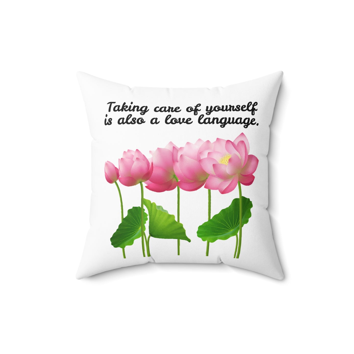 Cuidarse a uno mismo también es un lenguaje de amor, almohada con diseño de flores florecientes, almohada blanca con flores rosas, almohada decorativa