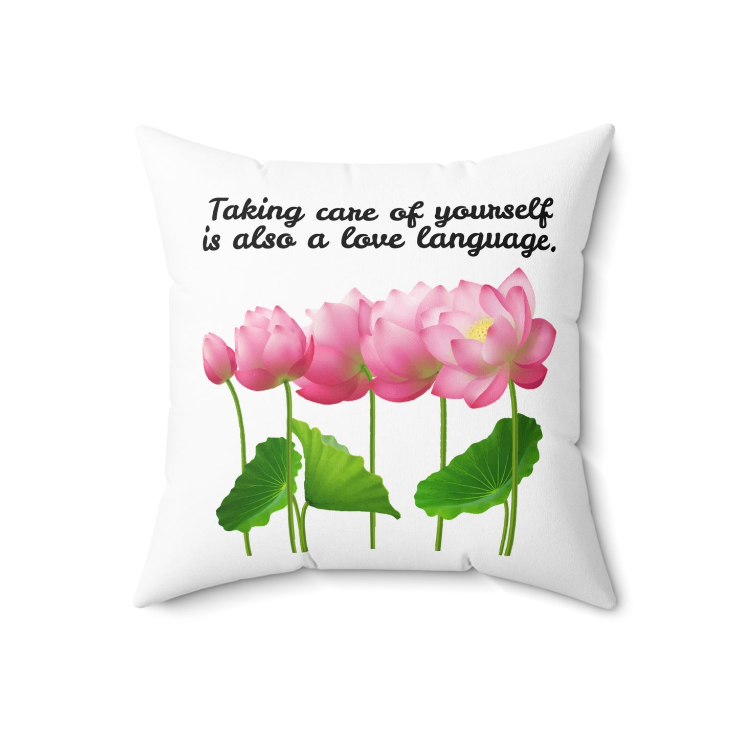Cuidarse a uno mismo también es un lenguaje de amor, almohada con diseño de flores florecientes, almohada blanca con flores rosas, almohada decorativa