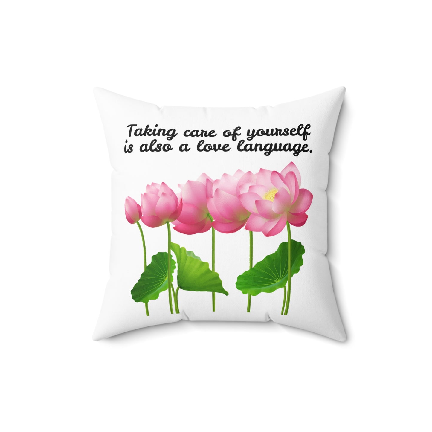 Cuidarse a uno mismo también es un lenguaje de amor, almohada con diseño de flores florecientes, almohada blanca con flores rosas, almohada decorativa