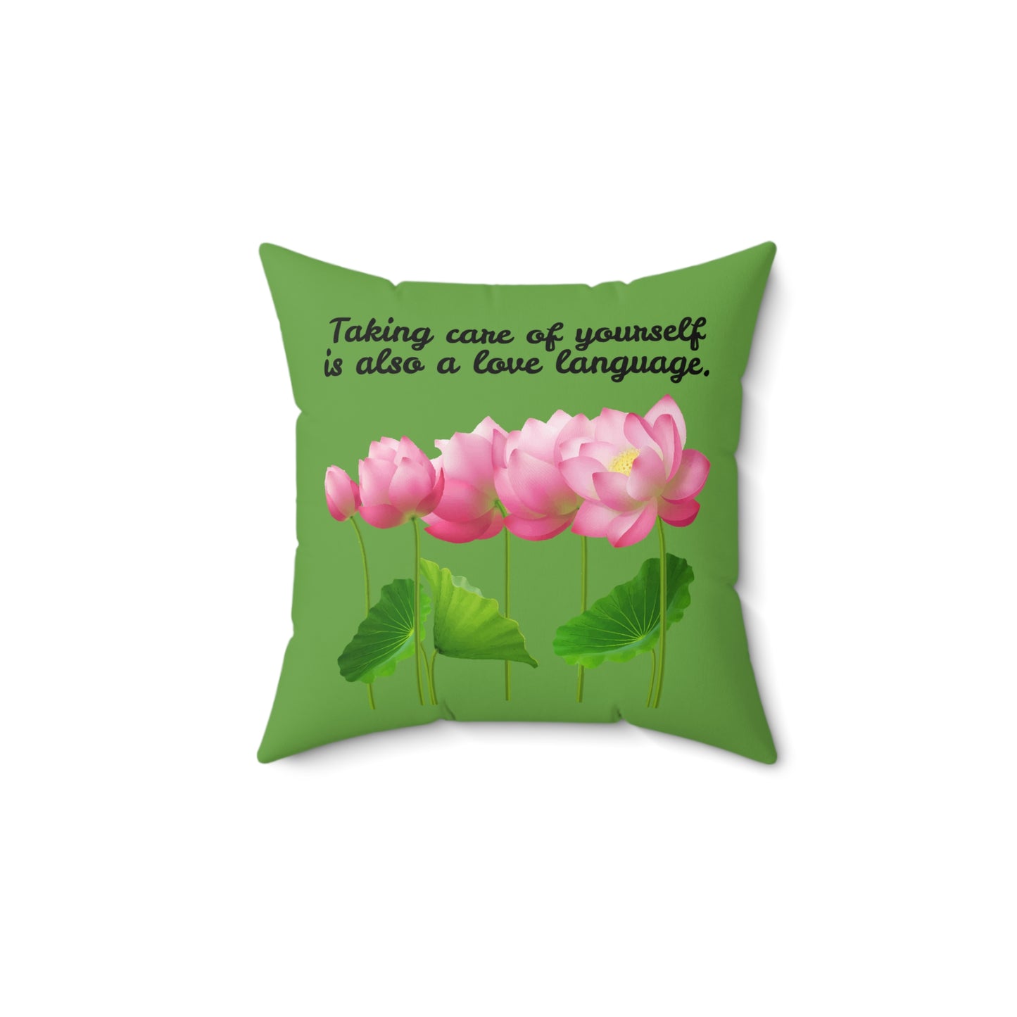 Cuidarse a uno mismo también es un lenguaje de amor, almohada con diseño de flores florecientes, almohada verde con flores rosas, almohada decorativa