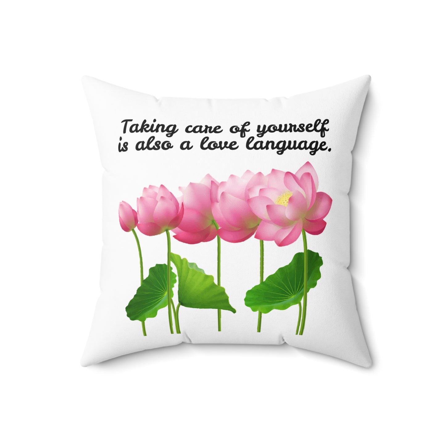 Cuidarse a uno mismo también es un lenguaje de amor, almohada con diseño de flores florecientes, almohada blanca con flores rosas, almohada decorativa