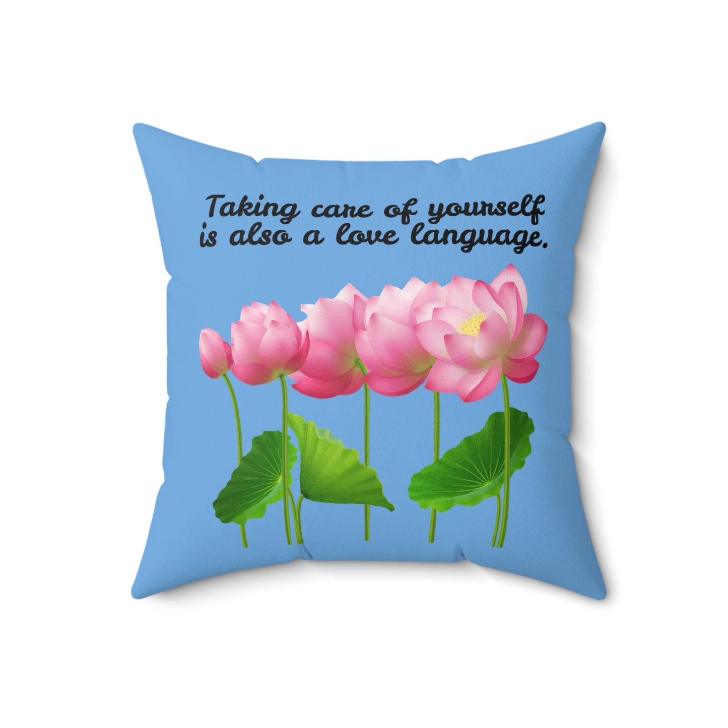 Cuidarse a uno mismo también es un lenguaje de amor, almohada con diseño de flores florecientes, almohada azul con flores rosas, almohada decorativa