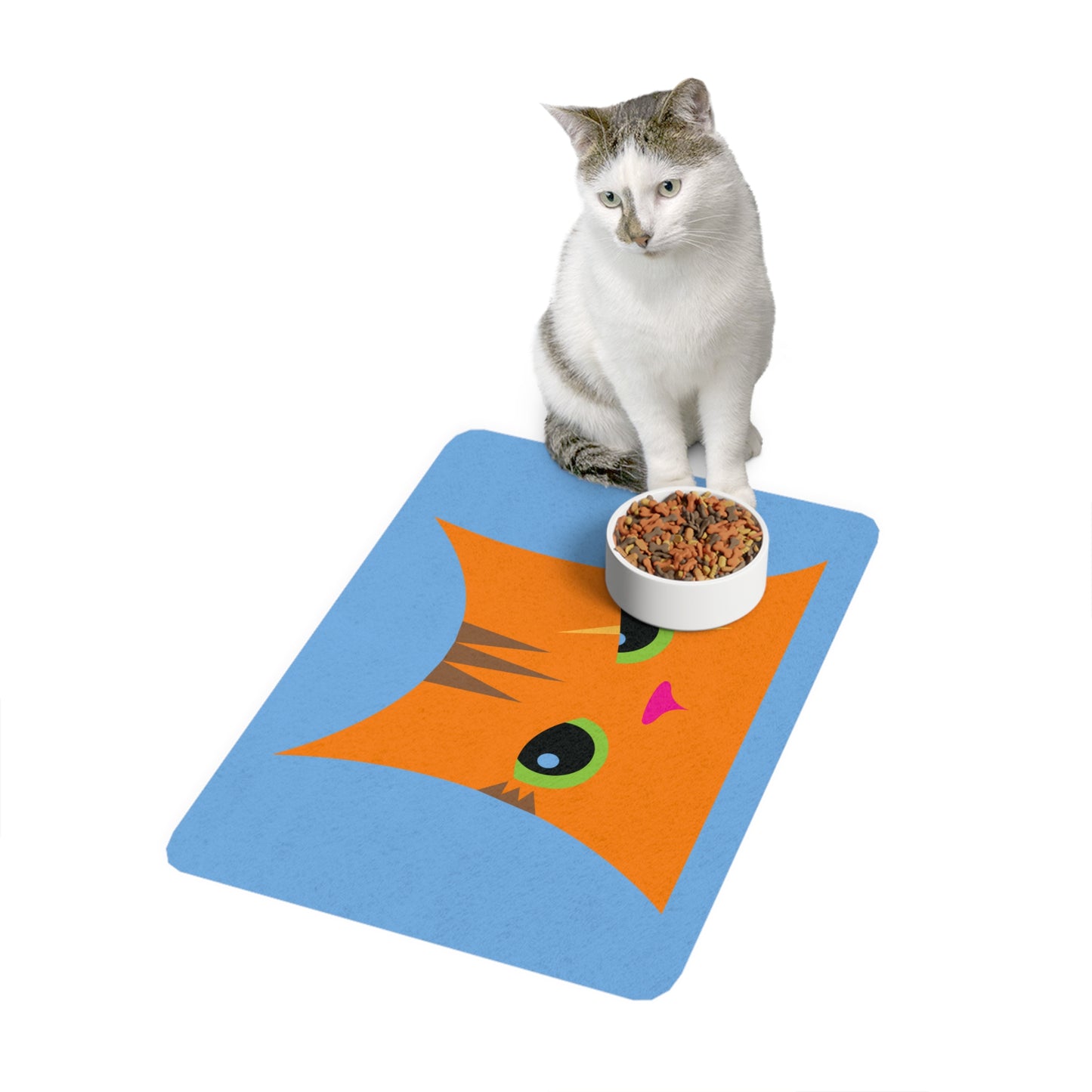 Alfombrilla para comida para mascotas con cara de gato perfecta sobre azul