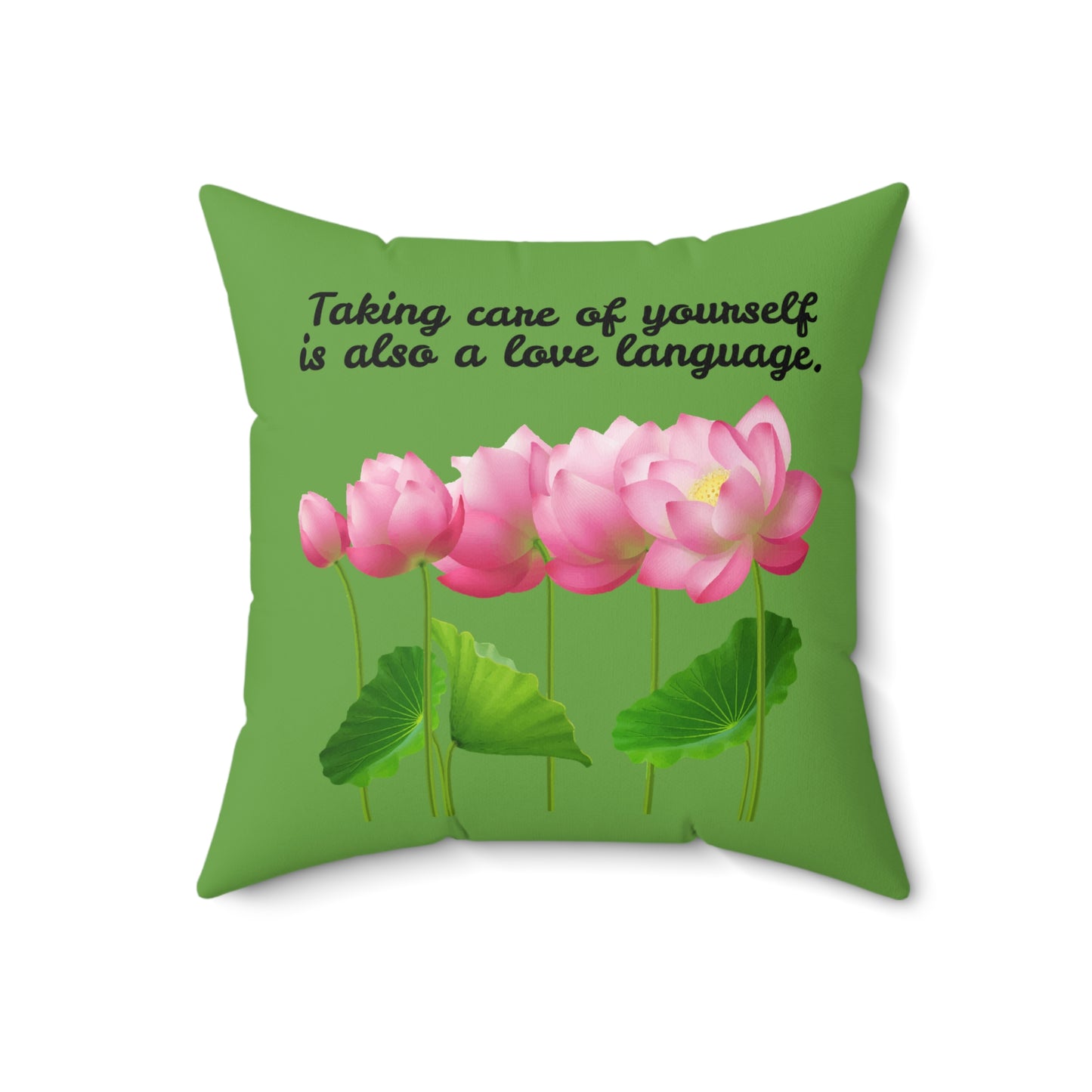 Cuidarse a uno mismo también es un lenguaje de amor, almohada con diseño de flores florecientes, almohada verde con flores rosas, almohada decorativa