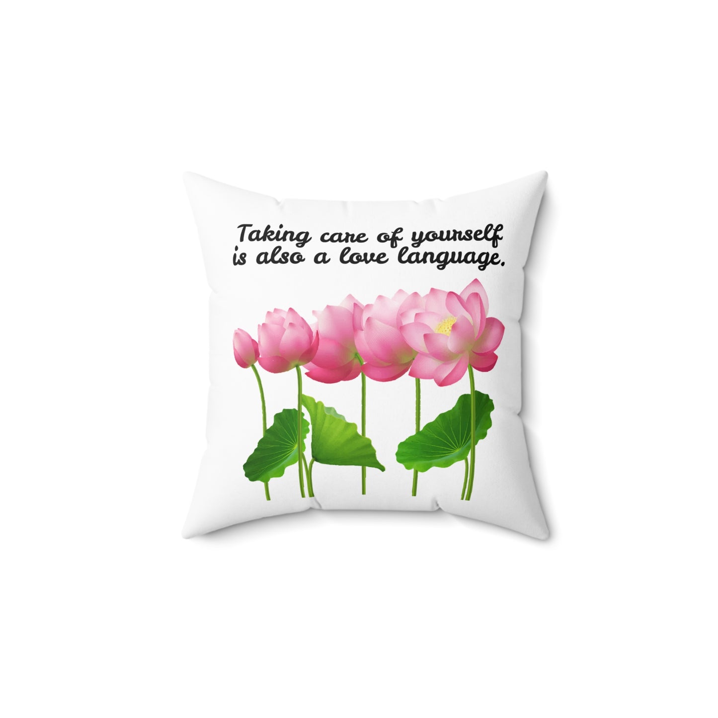 Cuidarse a uno mismo también es un lenguaje de amor, almohada con diseño de flores florecientes, almohada blanca con flores rosas, almohada decorativa