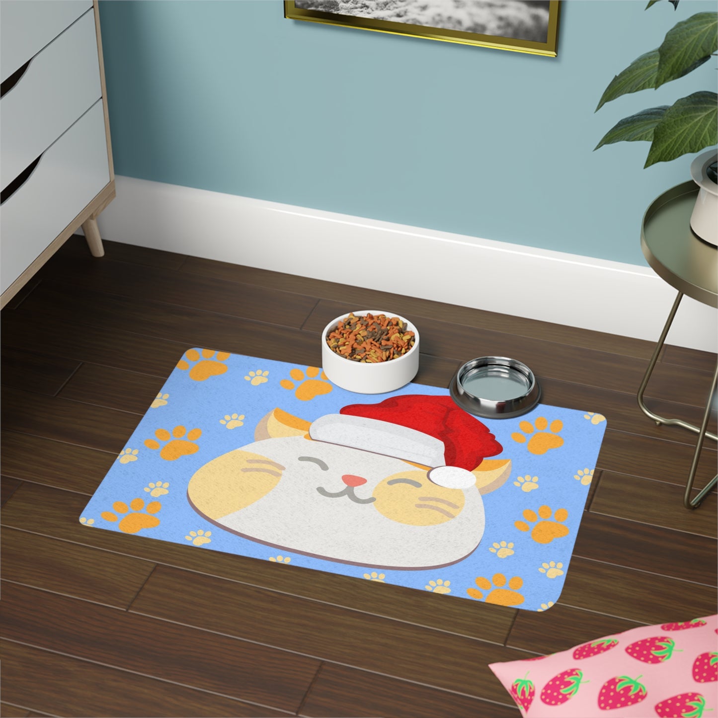 Alfombrilla para comida para mascotas con diseño de gato con gorro de Papá Noel