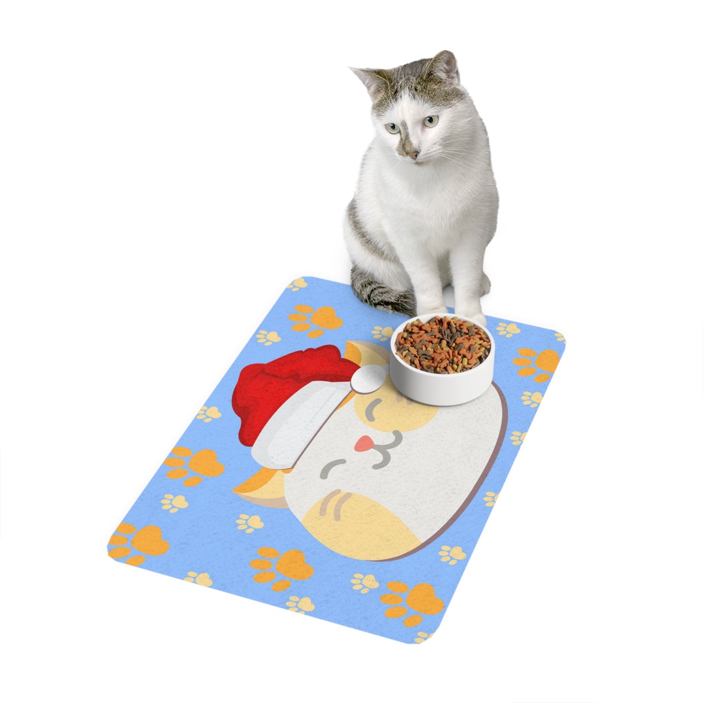 Alfombrilla para comida para mascotas con diseño de gato con gorro de Papá Noel