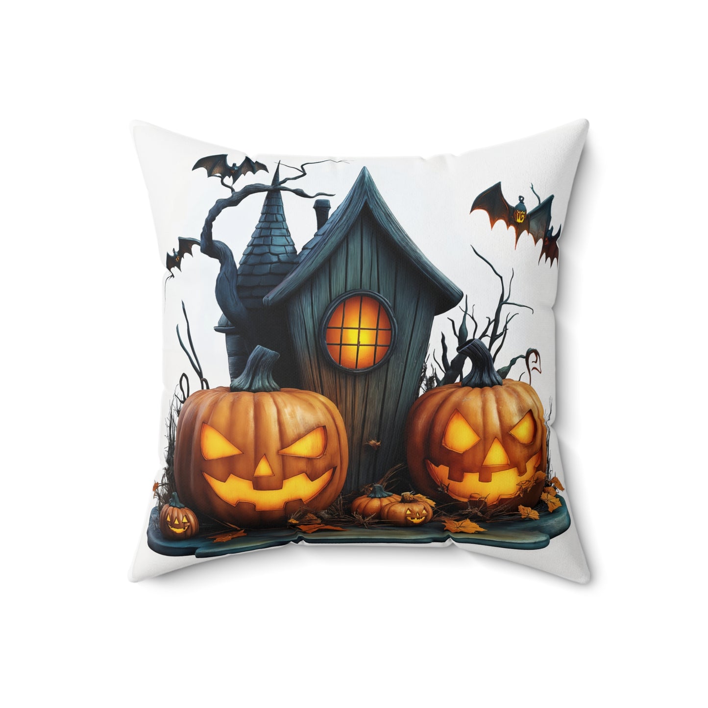Haunted House & Pumpkin Halloween Throw Pillow – Spooky Home Decor