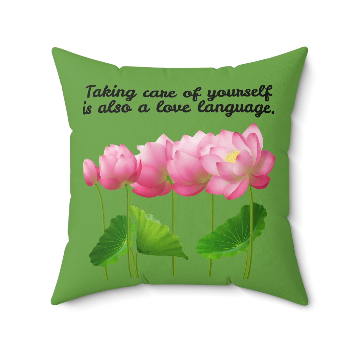 Cuidarse a uno mismo también es un lenguaje de amor, almohada con diseño de flores florecientes, almohada verde con flores rosas, almohada decorativa