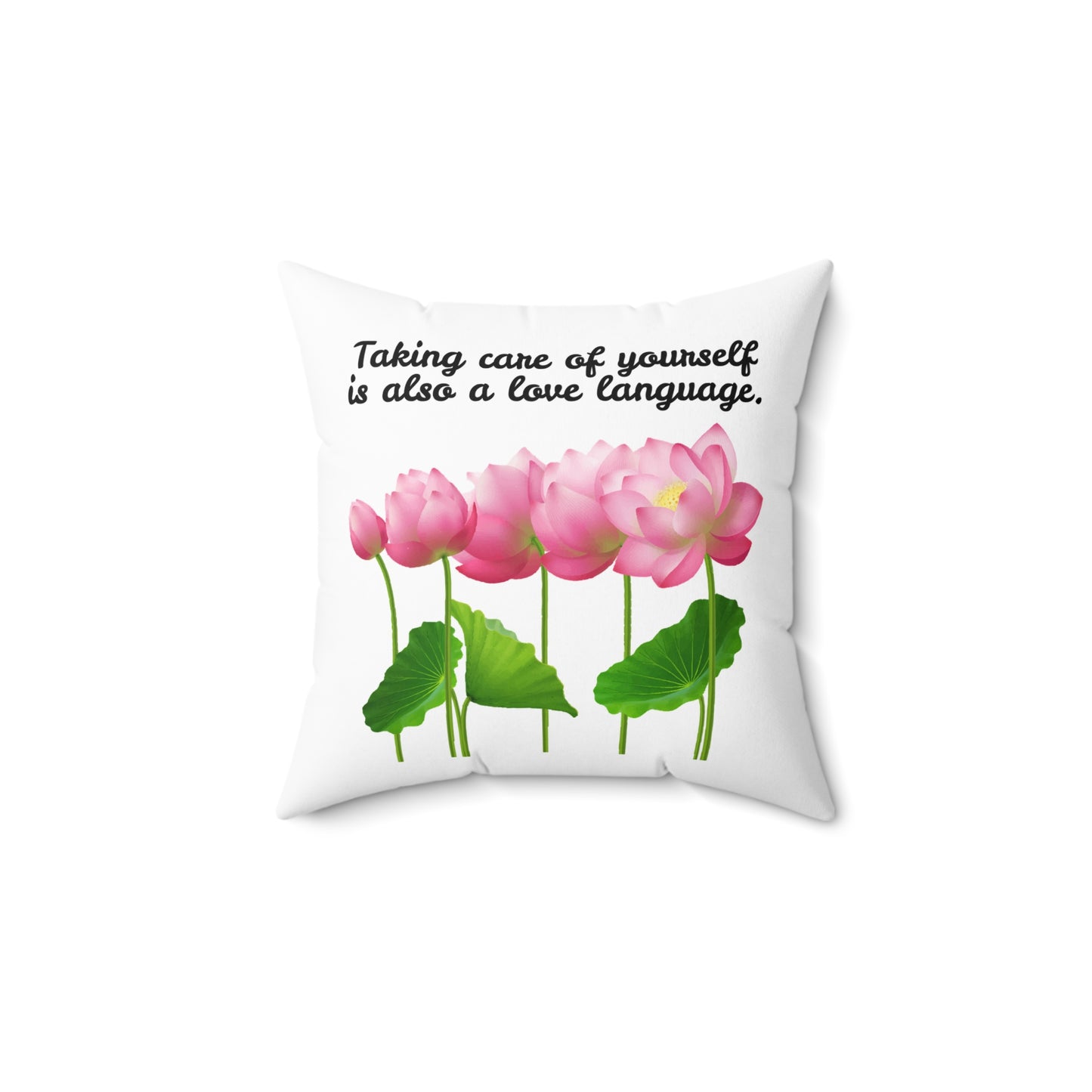 Cuidarse a uno mismo también es un lenguaje de amor, almohada con diseño de flores florecientes, almohada blanca con flores rosas, almohada decorativa