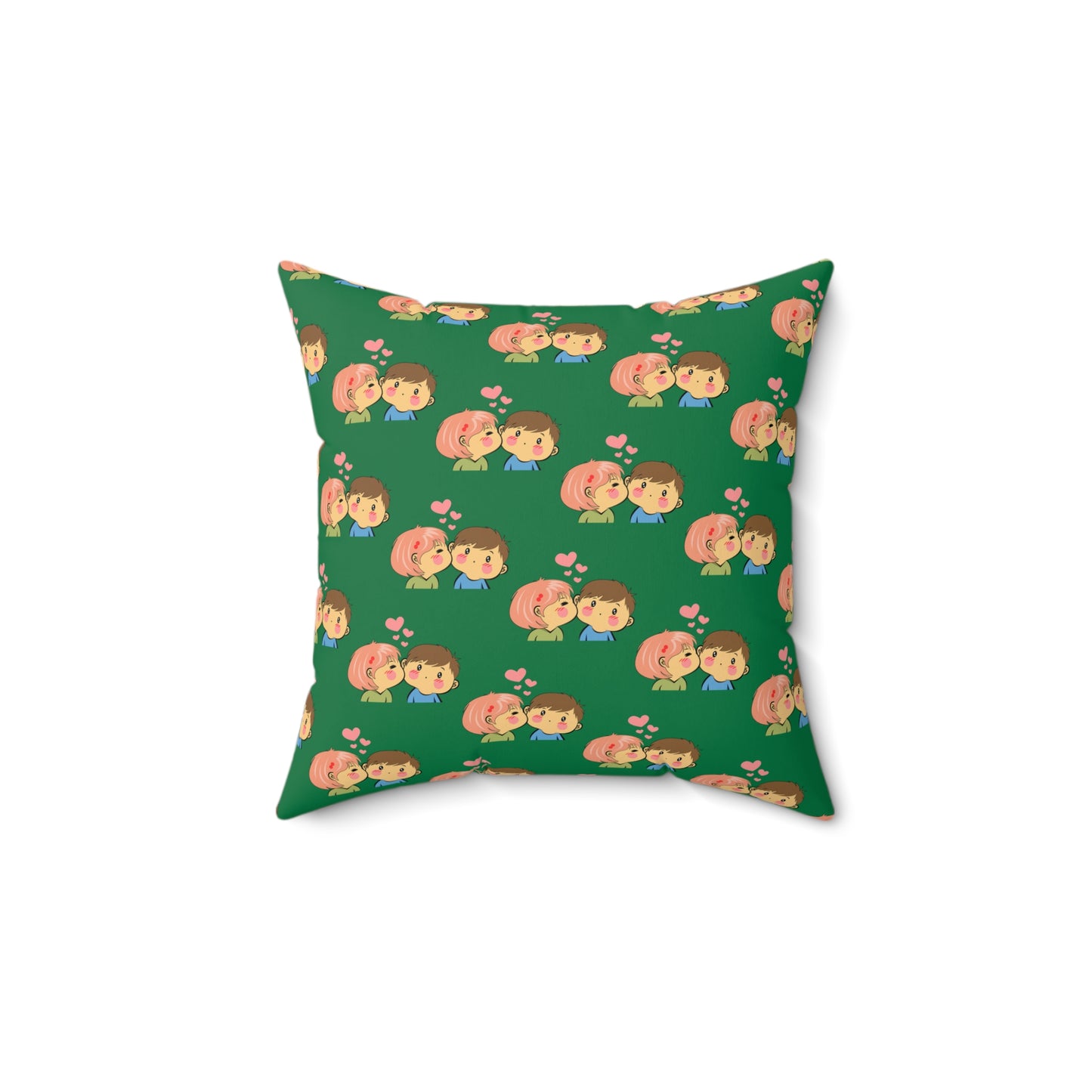Cojín decorativo verde con beso de amor