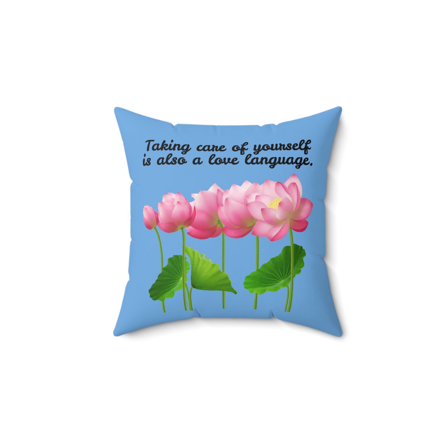 Cuidarse a uno mismo también es un lenguaje de amor, almohada con diseño de flores florecientes, almohada azul con flores rosas, almohada decorativa