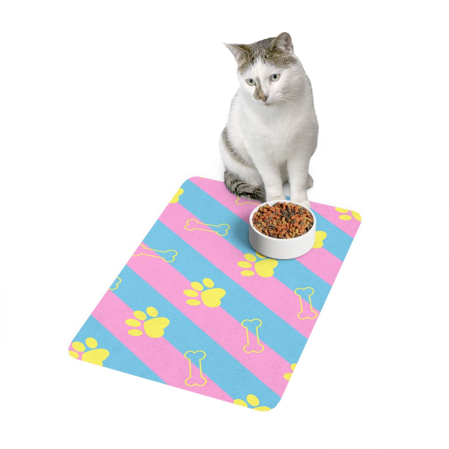 Alfombrilla para comida para mascotas con rayas azules y rosas con diseño de huellas de patas y huesos