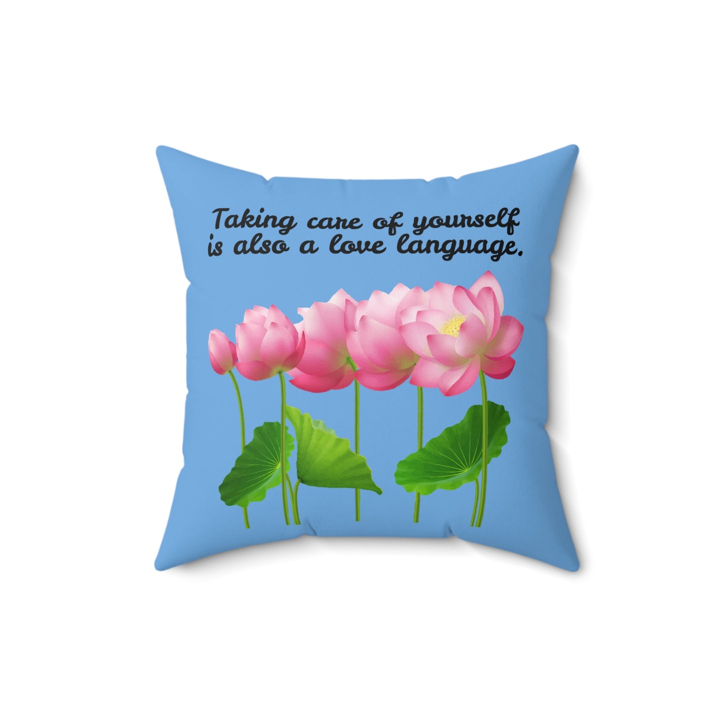 Cuidarse a uno mismo también es un lenguaje de amor, almohada con diseño de flores florecientes, almohada azul con flores rosas, almohada decorativa