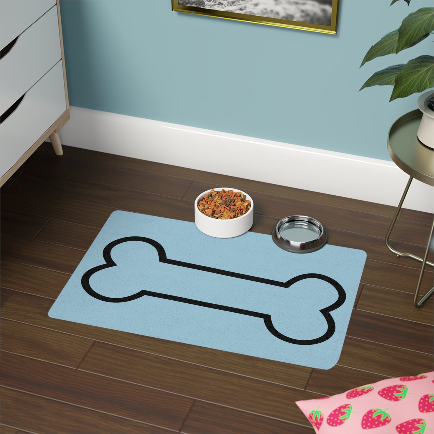 Alfombrilla para comida para mascotas de color azul con diseño de hueso