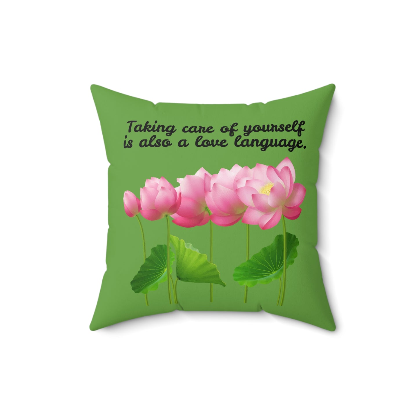 Cuidarse a uno mismo también es un lenguaje de amor, almohada con diseño de flores florecientes, almohada verde con flores rosas, almohada decorativa