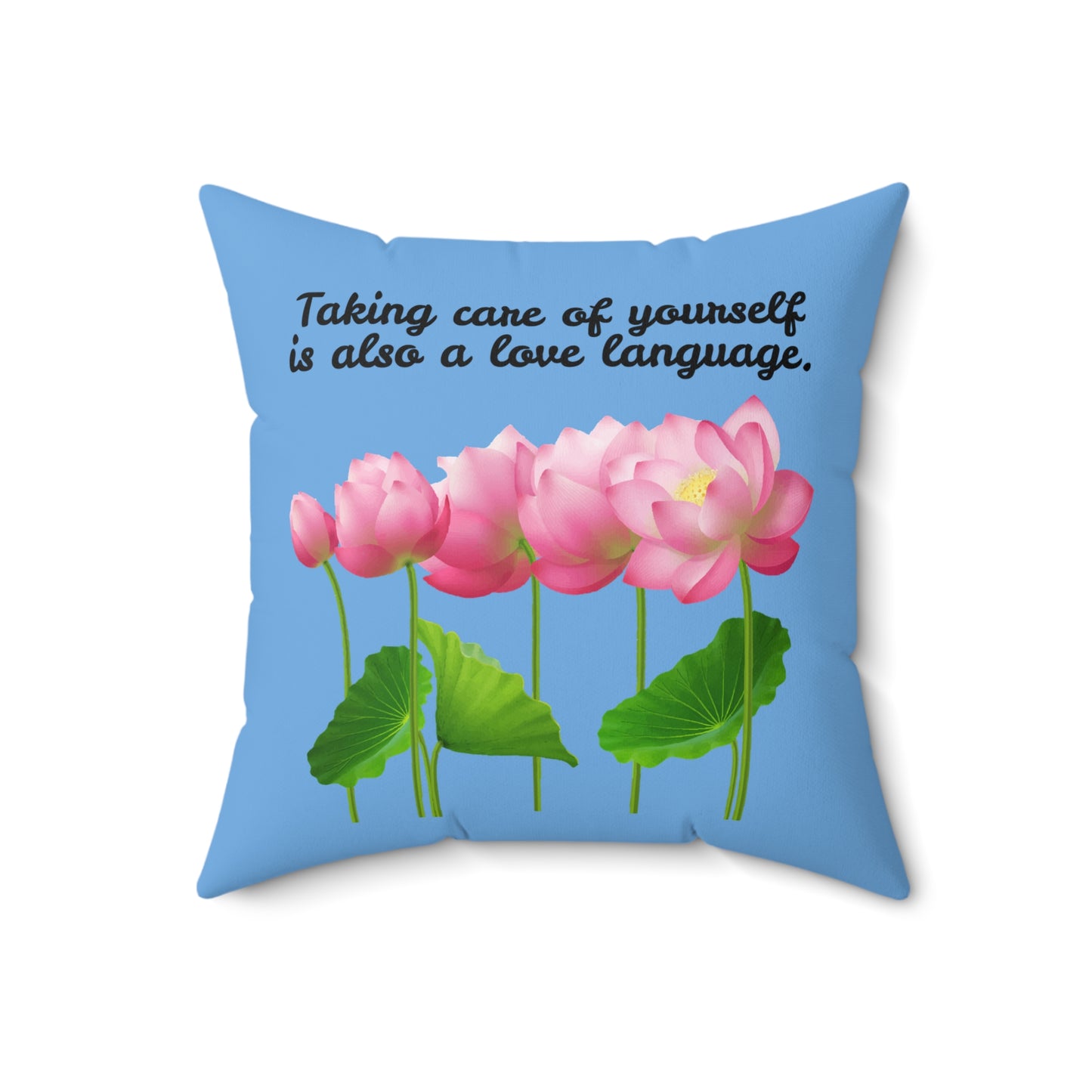 Cuidarse a uno mismo también es un lenguaje de amor, almohada con diseño de flores florecientes, almohada azul con flores rosas, almohada decorativa