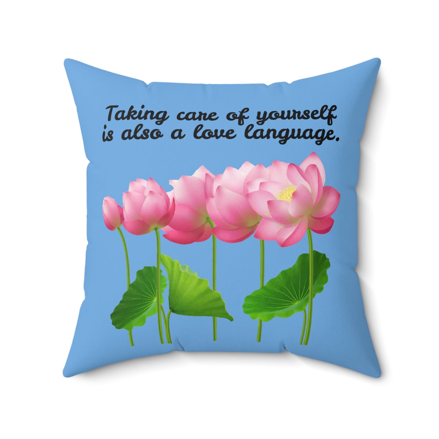 Cuidarse a uno mismo también es un lenguaje de amor, almohada con diseño de flores florecientes, almohada azul con flores rosas, almohada decorativa