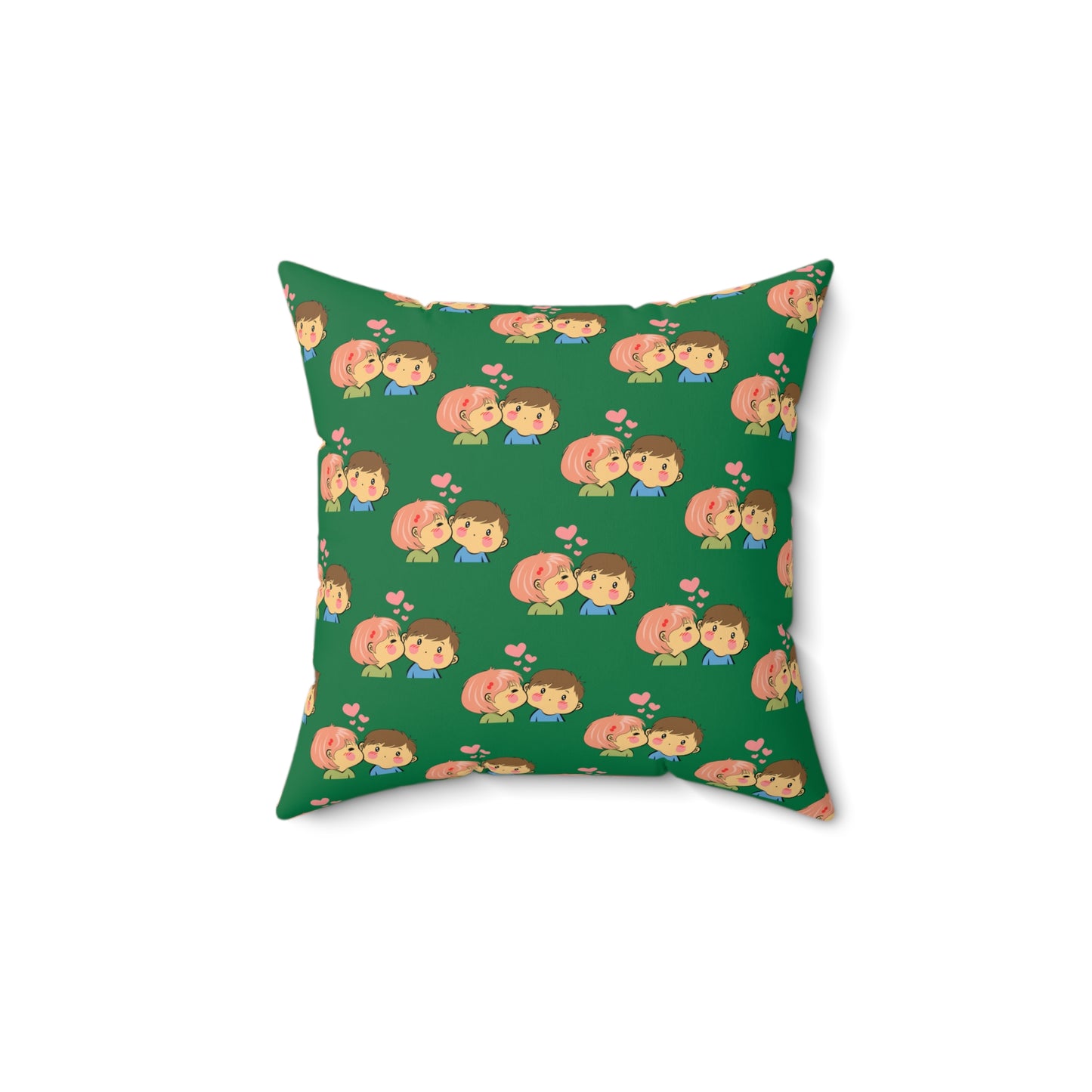 Cojín decorativo verde con beso de amor