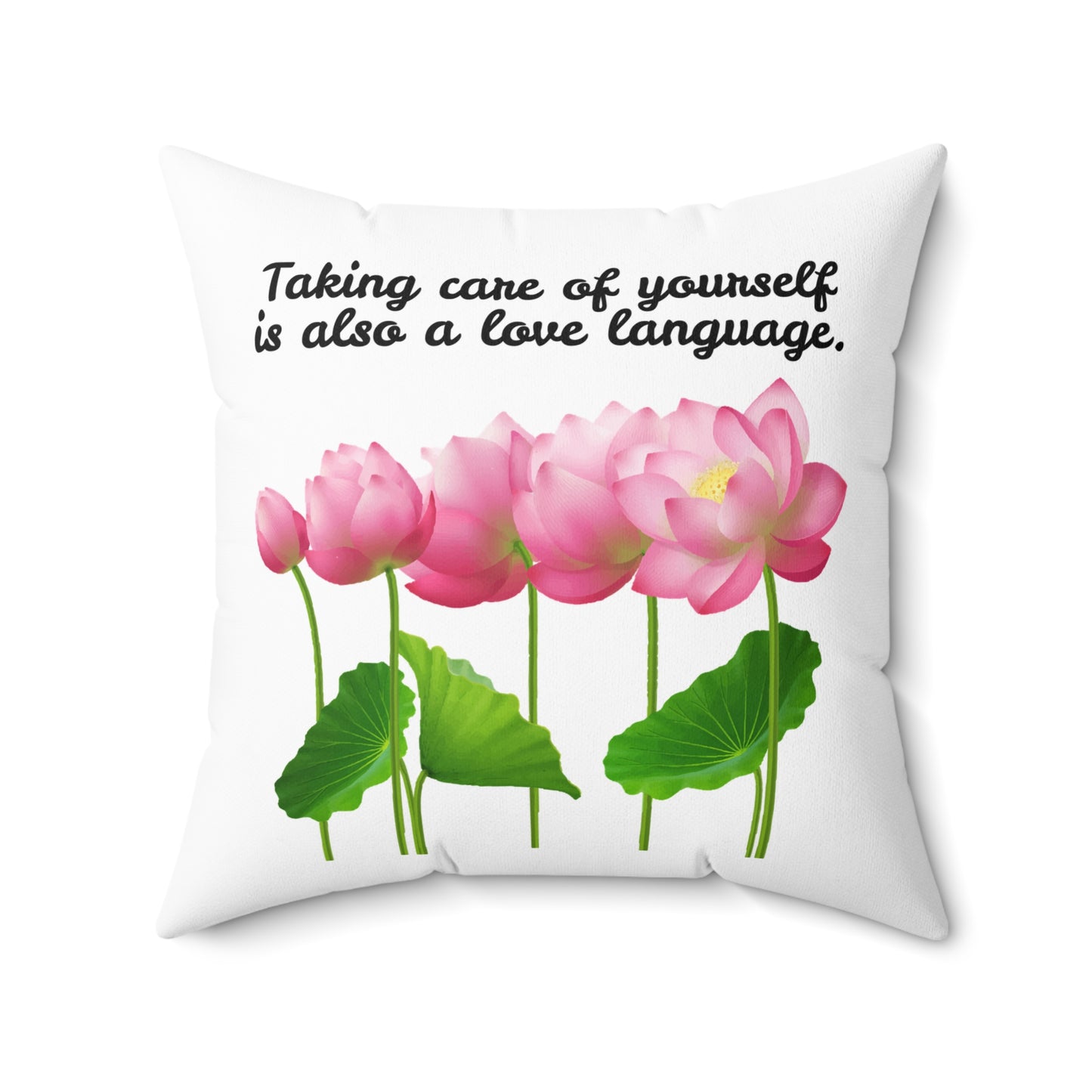 Cuidarse a uno mismo también es un lenguaje de amor, almohada con diseño de flores florecientes, almohada blanca con flores rosas, almohada decorativa