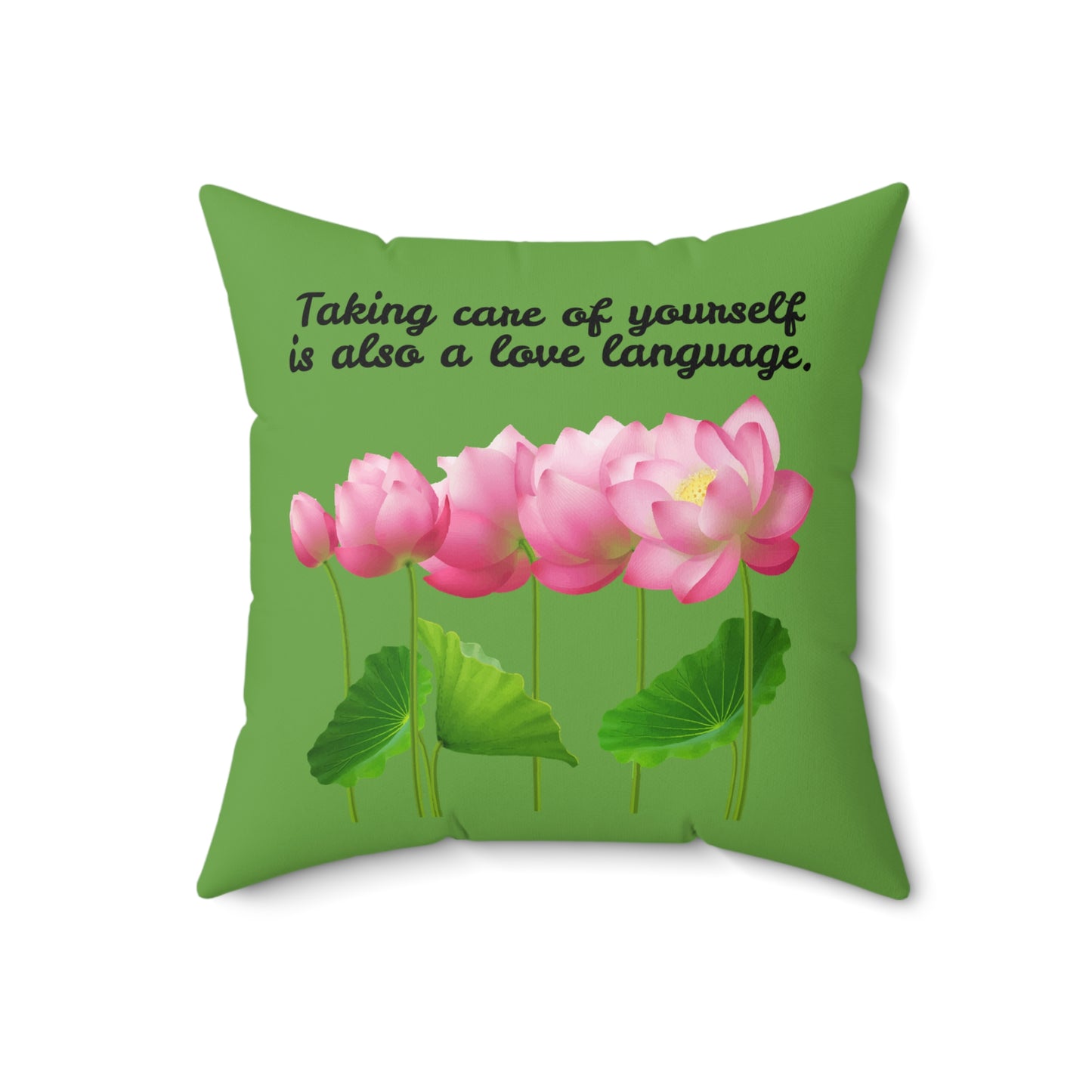 Cuidarse a uno mismo también es un lenguaje de amor, almohada con diseño de flores florecientes, almohada verde con flores rosas, almohada decorativa