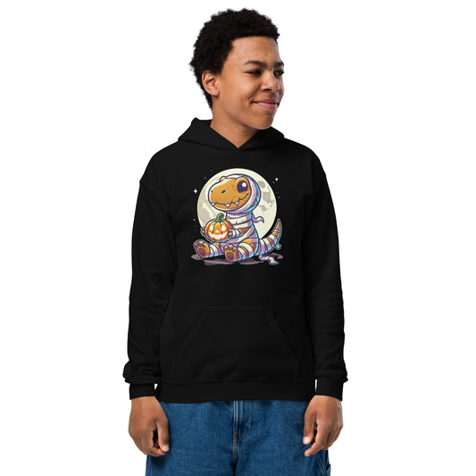 “Adorable Mummy Dino” Youth Hoodie – Cozy Halloween Dinosaur Hoodie with Front Pouch