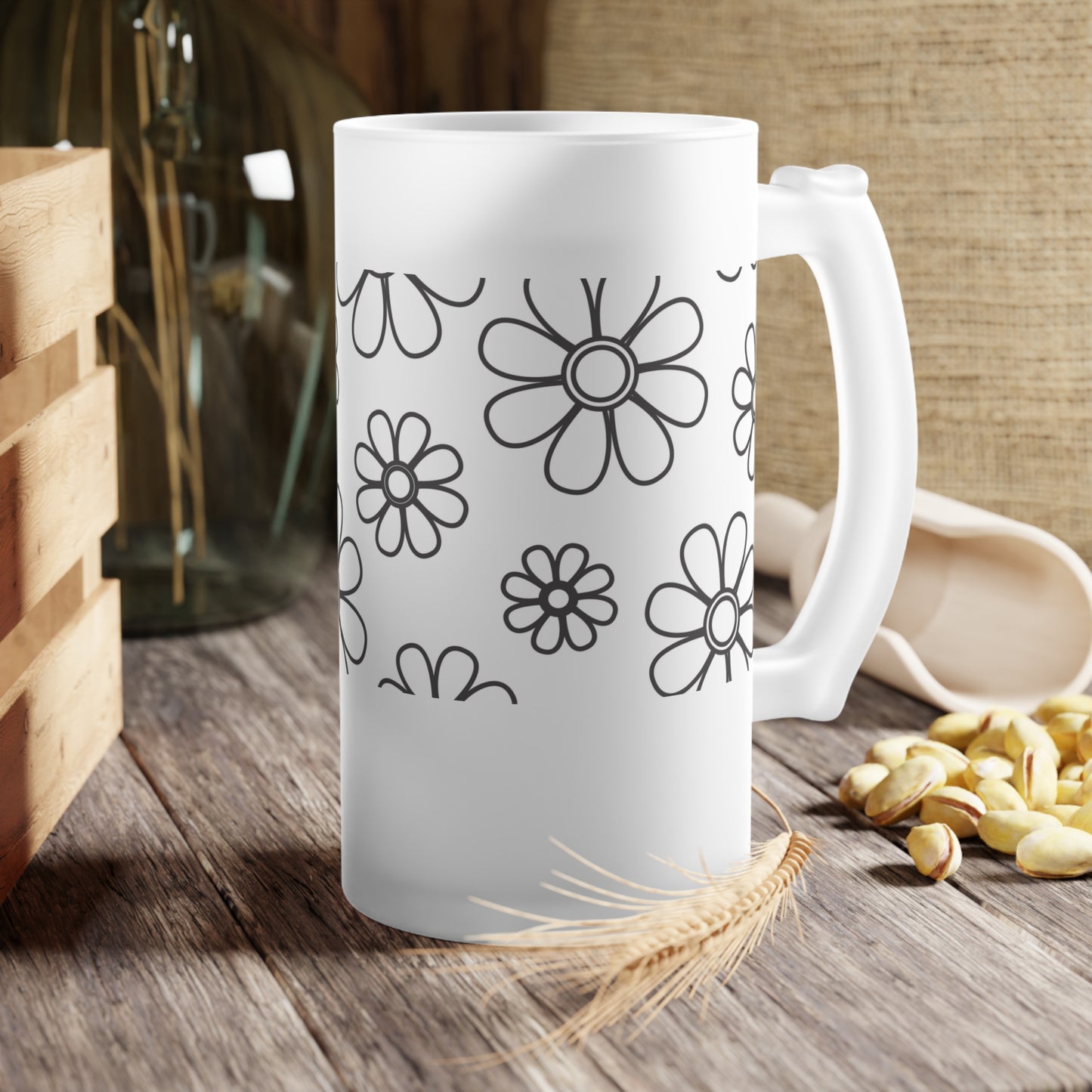Jarra de cerveza de vidrio esmerilado con diseño floral