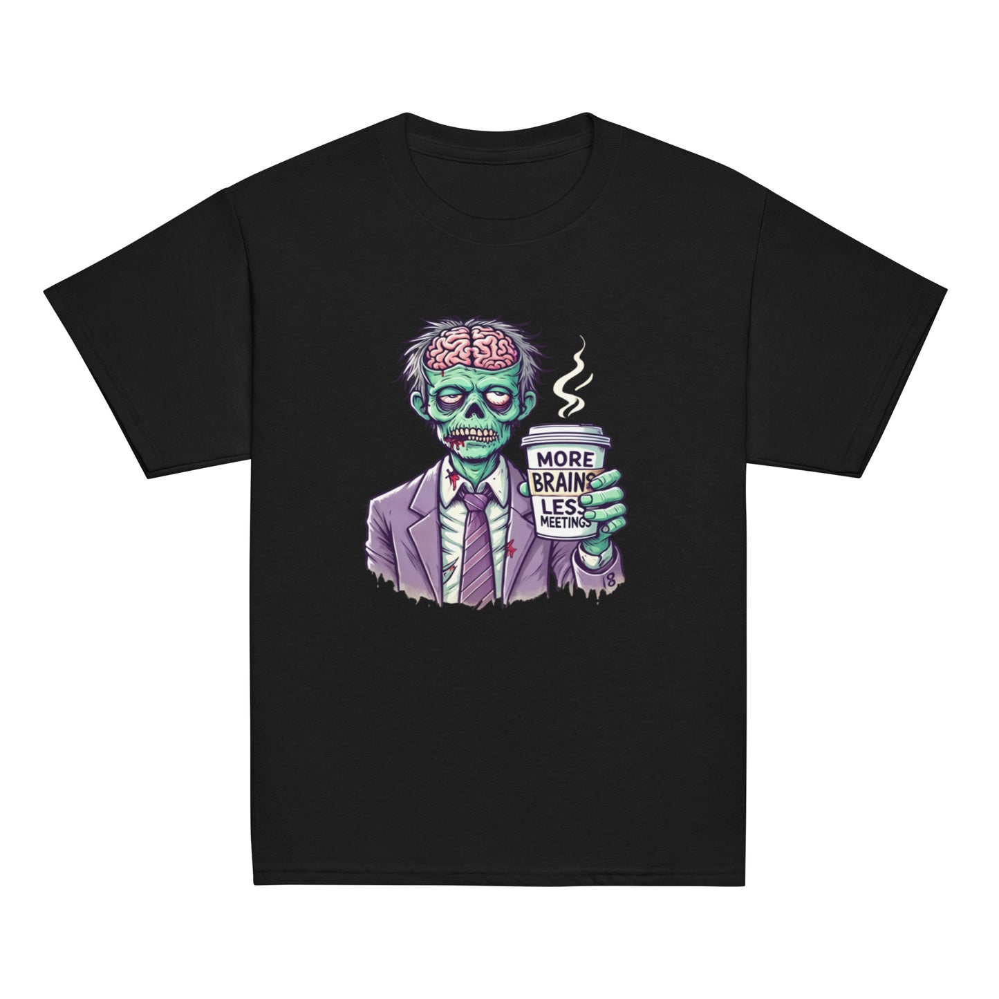 More Brains Less Meetings Teen Halloween T-Shirt – Funny Zombie Coffee Design