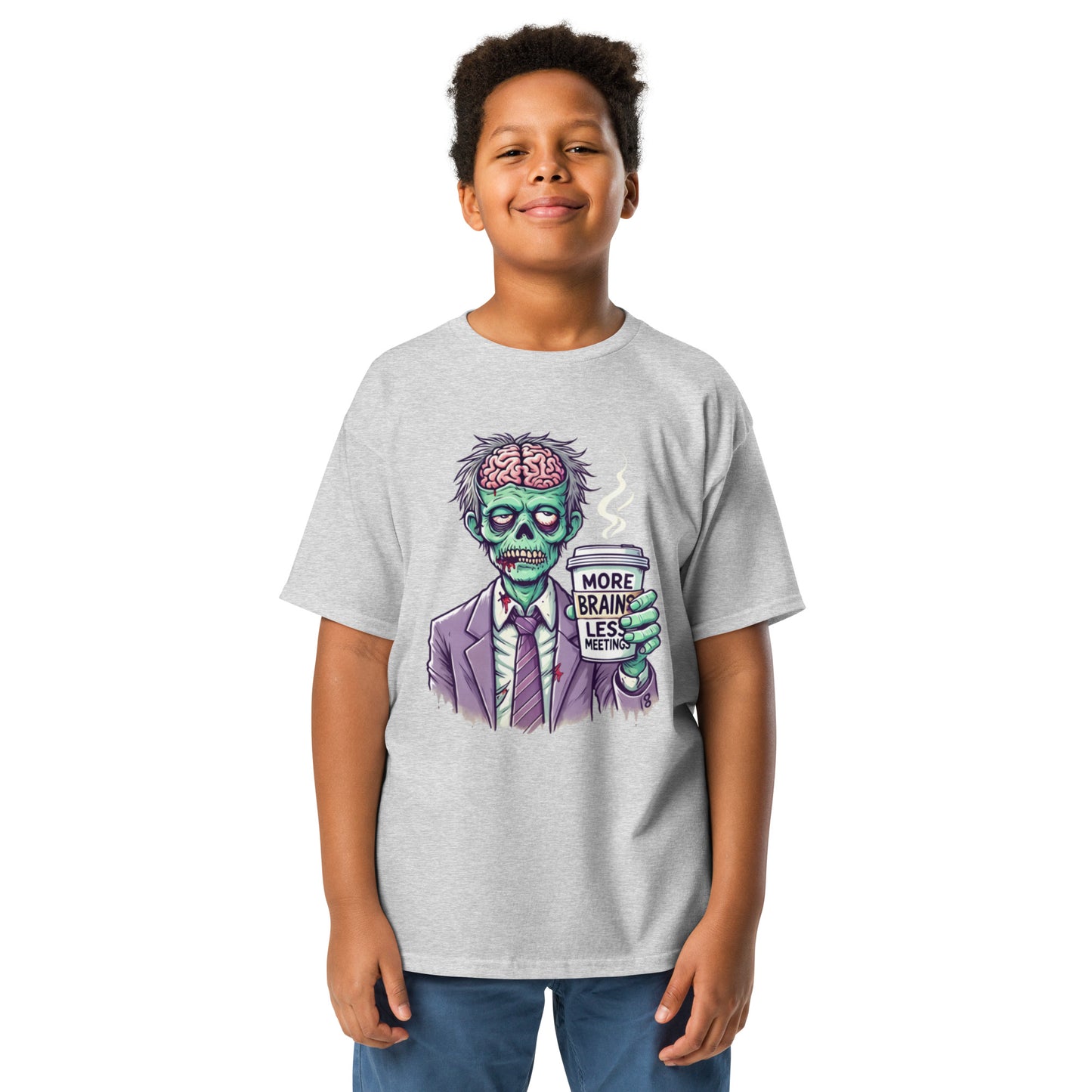 More Brains Less Meetings Teen Halloween T-Shirt – Funny Zombie Coffee Design