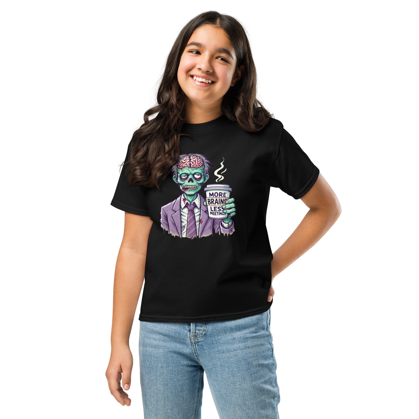 More Brains Less Meetings Teen Halloween T-Shirt – Funny Zombie Coffee Design