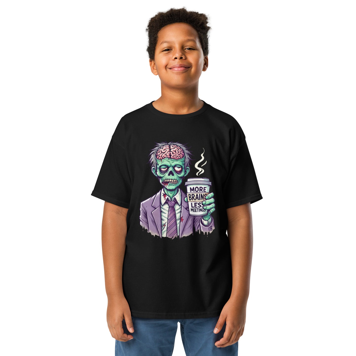 More Brains Less Meetings Teen Halloween T-Shirt – Funny Zombie Coffee Design