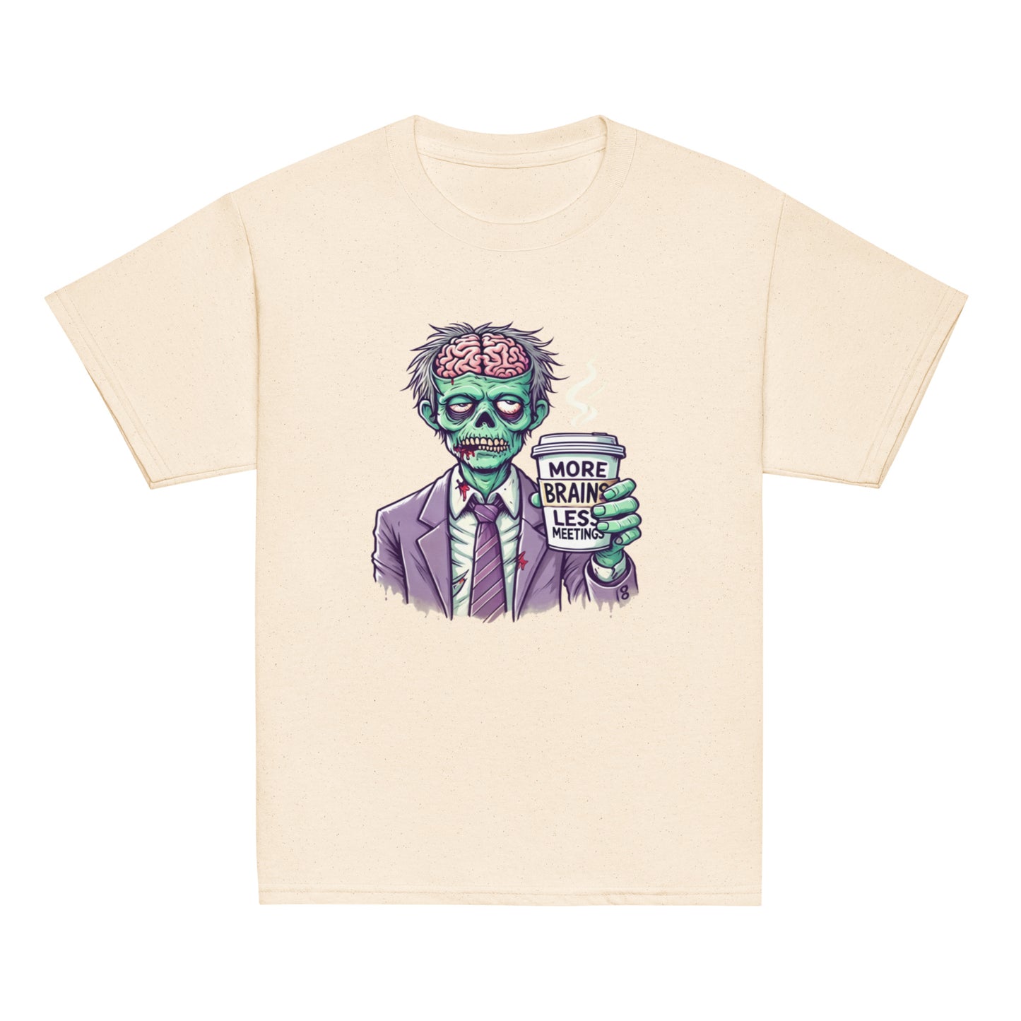 More Brains Less Meetings Teen Halloween T-Shirt – Funny Zombie Coffee Design