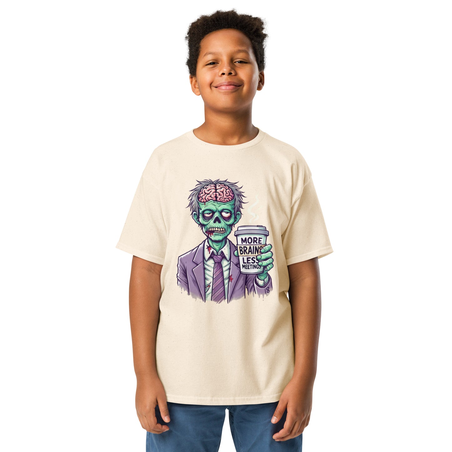 More Brains Less Meetings Teen Halloween T-Shirt – Funny Zombie Coffee Design