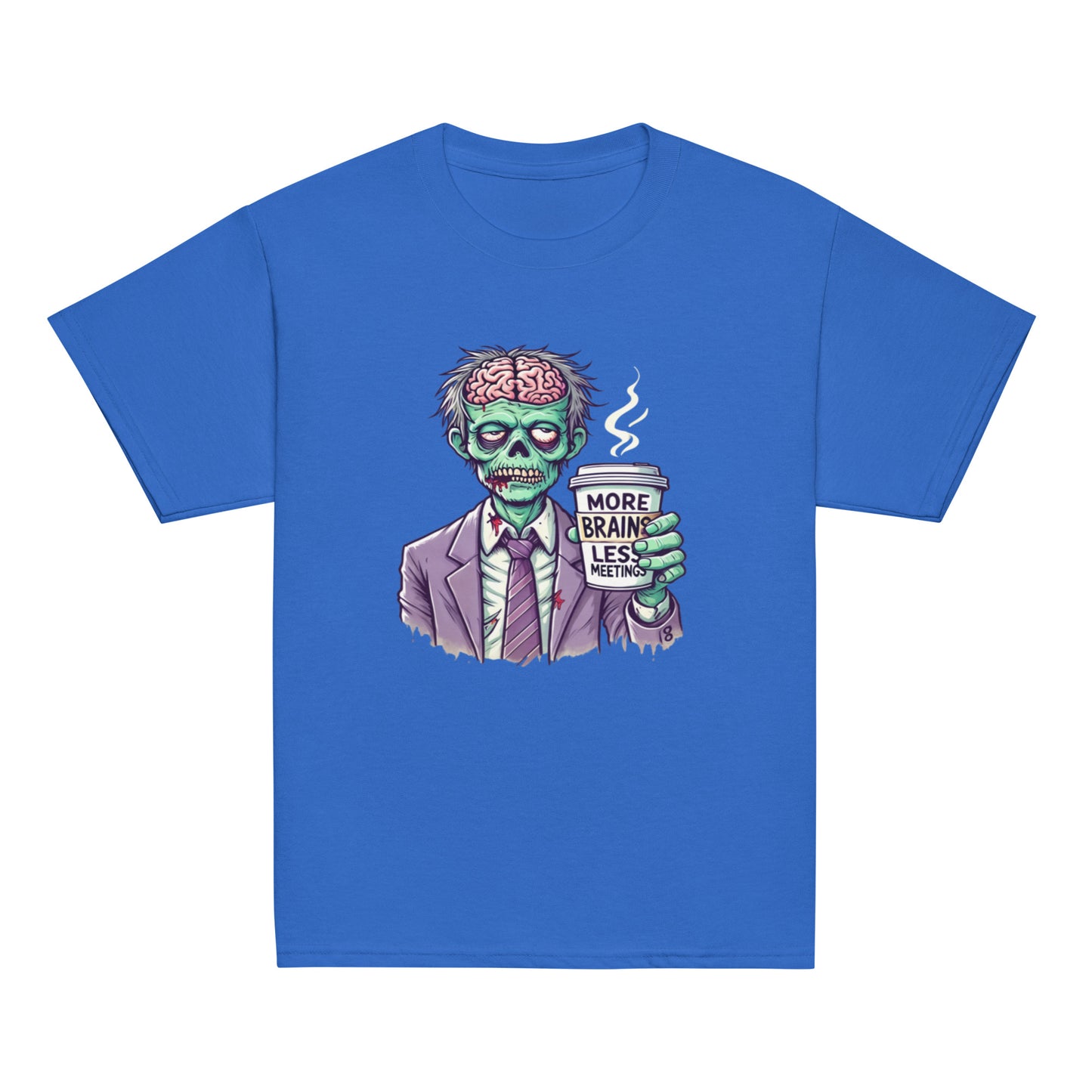 More Brains Less Meetings Teen Halloween T-Shirt – Funny Zombie Coffee Design