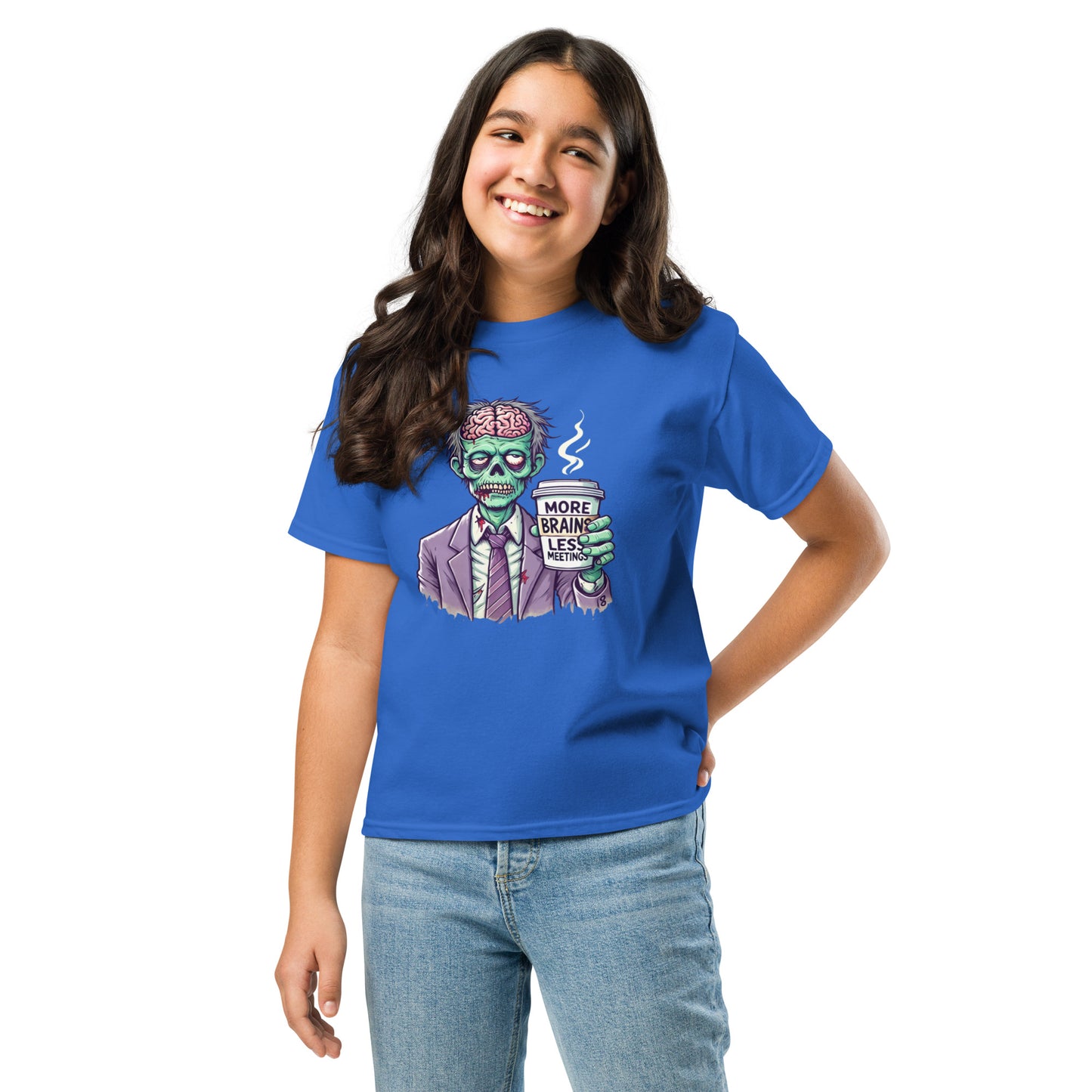 More Brains Less Meetings Teen Halloween T-Shirt – Funny Zombie Coffee Design