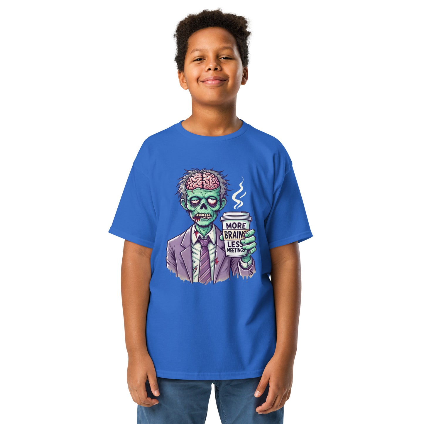 More Brains Less Meetings Teen Halloween T-Shirt – Funny Zombie Coffee Design
