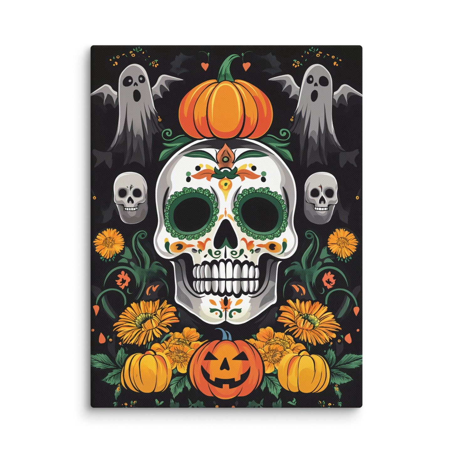 Sugar Skull & Pumpkins Canvas Wall Art – Halloween and Day of the Dead Decor
