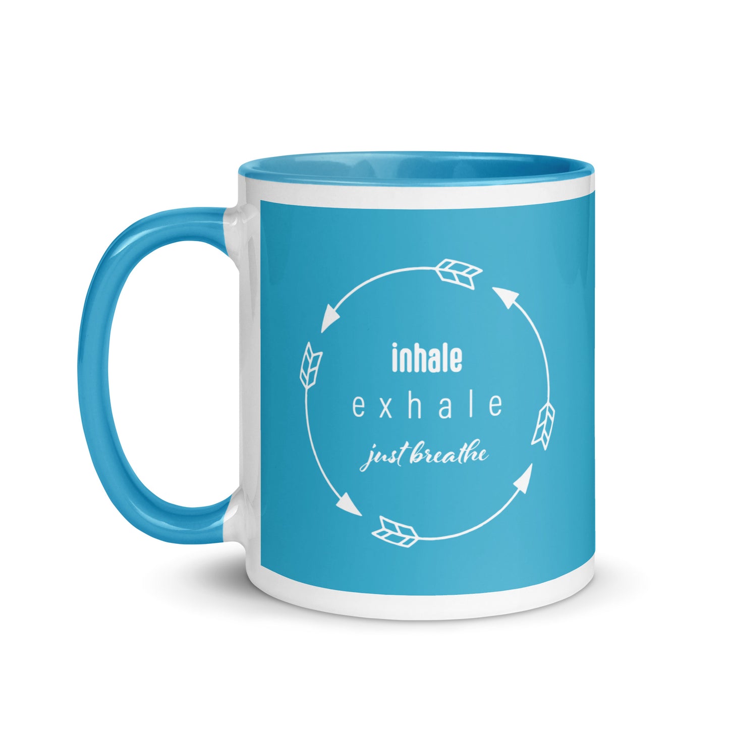 Respiración zen: inhala y exhala, taza de café azul