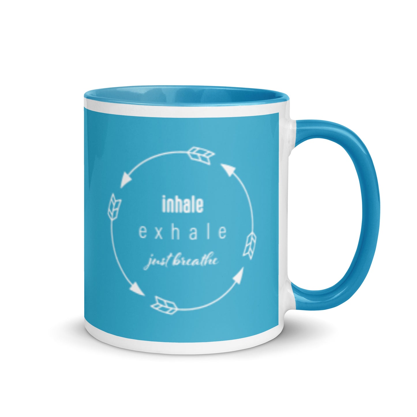 Respiración zen: inhala y exhala, taza de café azul