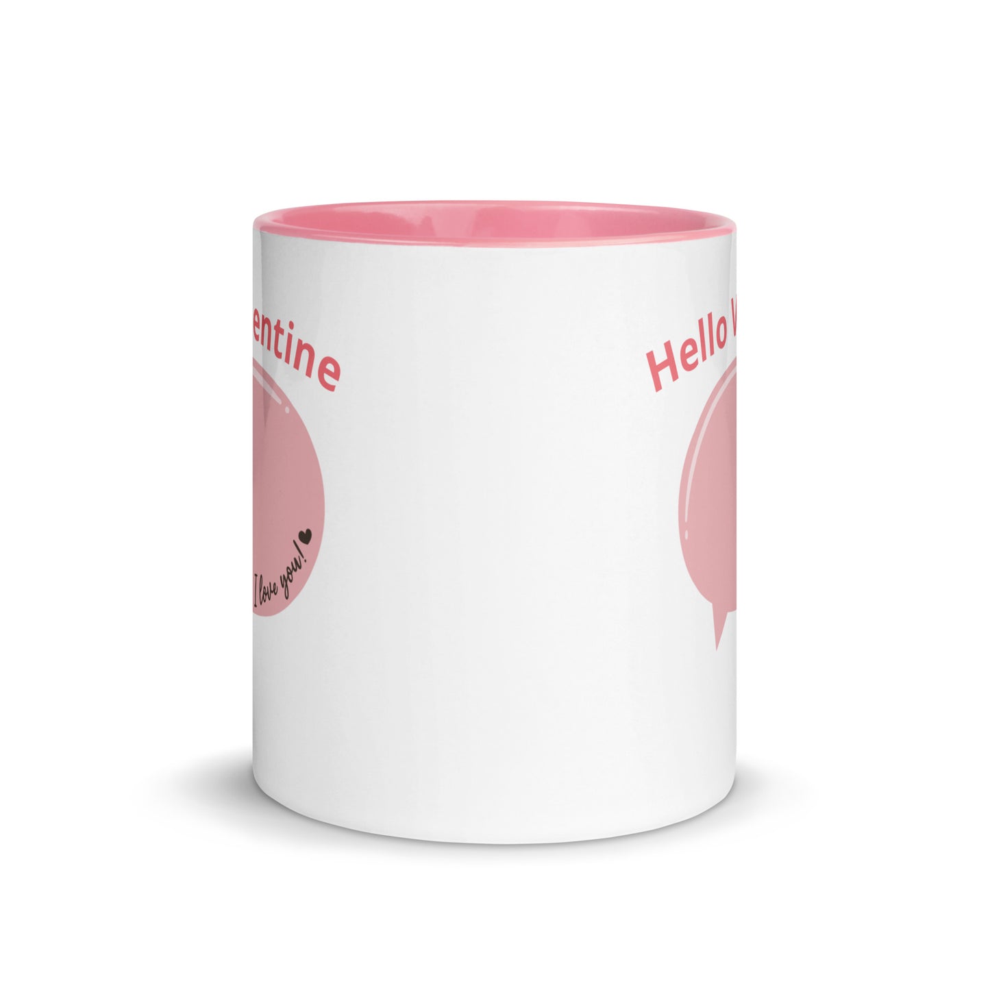 Taza de café con burbujas de diálogo y declaraciones de amor en color rosa