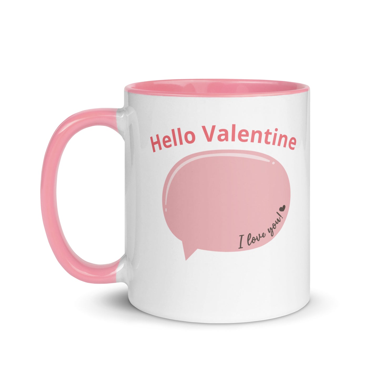 Taza de café con burbujas de diálogo y declaraciones de amor en color rosa