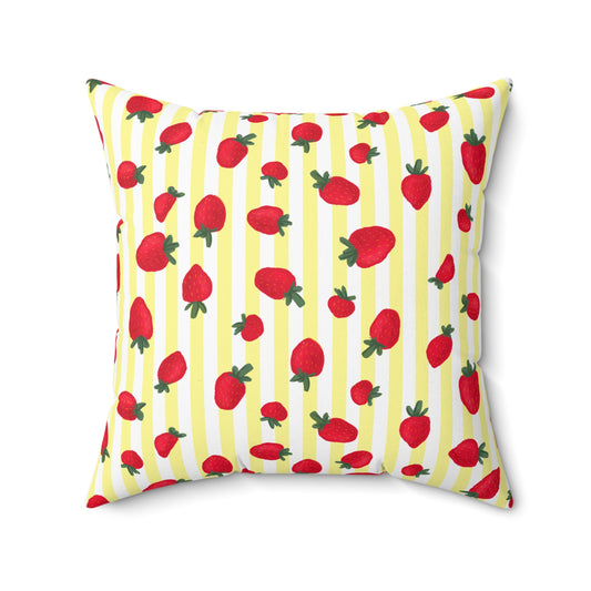 Strawberry Printed Throw Pillow, Room Accent Decor, Yellow And Red Square Designer Pillow