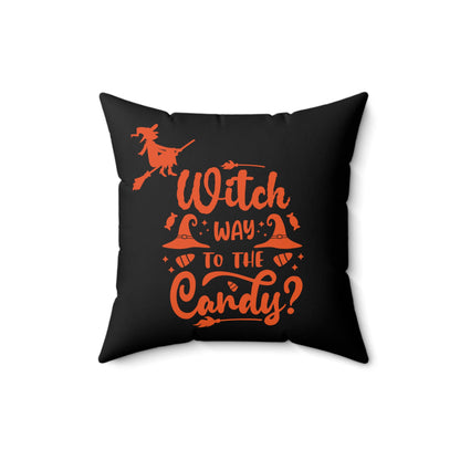 Bruja de Halloween en camino a los dulces, almohada decorativa de Halloween, almohadas decorativas de poliéster para Halloween, almohadas decorativas en naranja y negro