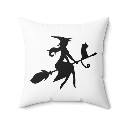 Halloween Witch In Flight Throw Pillow, Black And White Designer Pillow, Unique Fall Decor, Cute Halloween Decorative Pillow, Couch Pillow