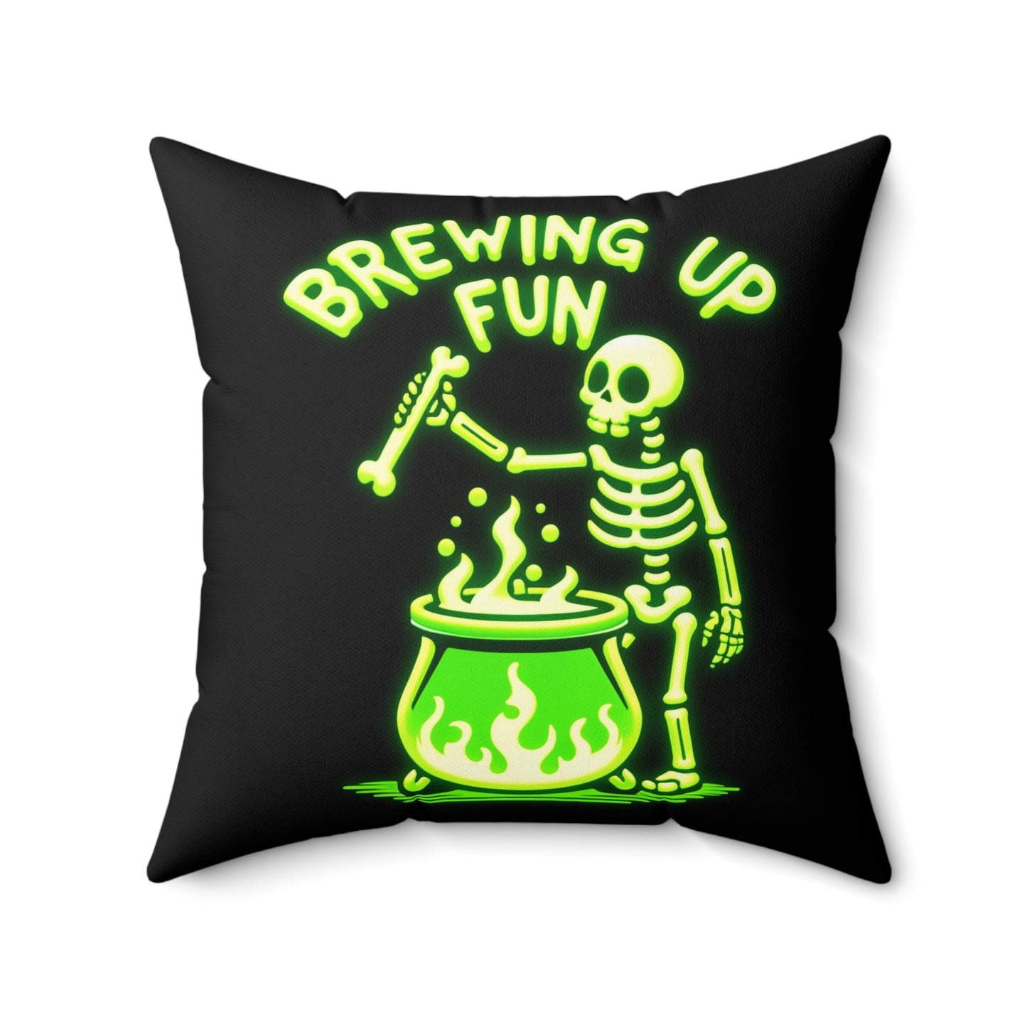 Glow-in-the-Dark Style “Brewing Up Fun” Halloween Throw Pillow – Spooky Skeleton Home Decor