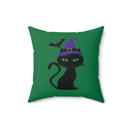 Green Halloween Throw Pillow, Halloween Room Decor,  Scary Black Cat Decorative Throw Pillow, Perfect Pillow For Patio, Dorm Throw Pillow