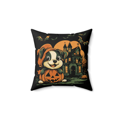 Cute Puppy & Haunted House Halloween Throw Pillow – Spooky Fun Home Decor