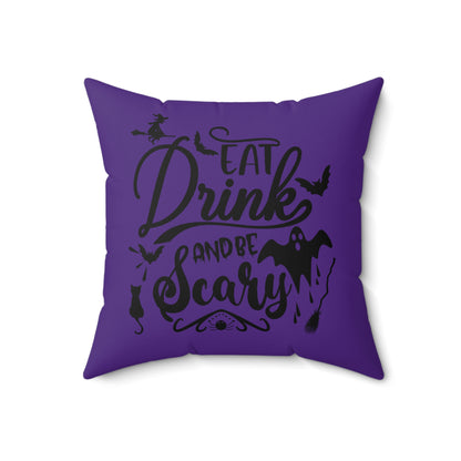 Halloween Purple Throw Pillow, Unique Halloween Throw Pillow, Eat Drink And Be Scary Printed Pillow, Designer Polyester Pillow For Anyone