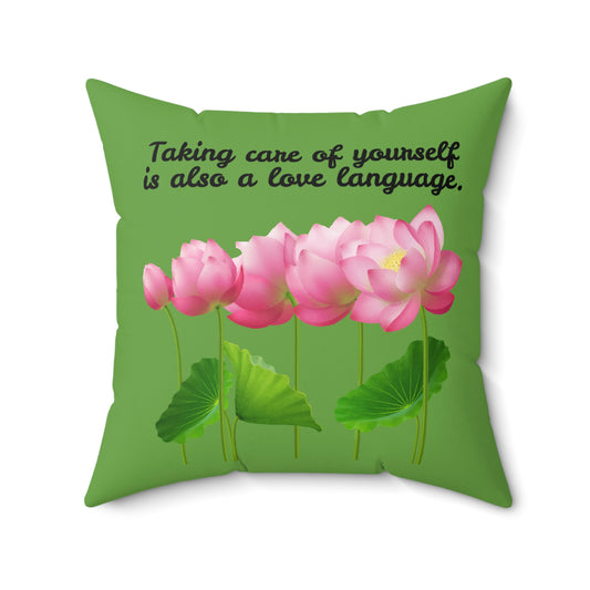 Prendre soin de soi est aussi un langage d'amour, coussin à motif de fleurs en fleurs, coussin vert à fleurs roses, coussin décoratif